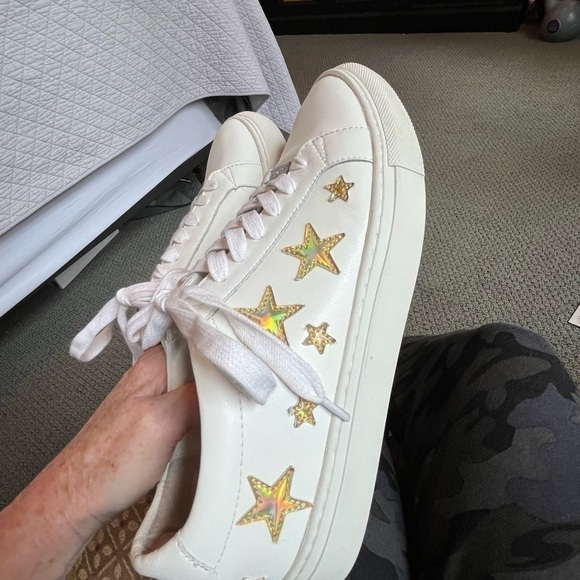 J/Slides NYC Womens Size 8.5 White Leather w Gold Stars - Picture 10 of 10